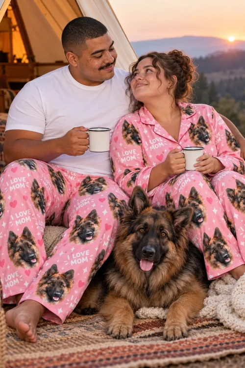 Couple sips coffee at a sunset campsite with their German shepherd in pink I LOVE MOM pajama pants