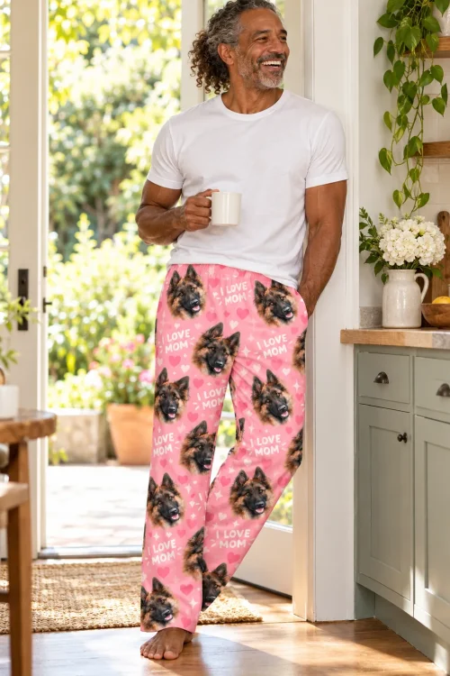 Man with coffee leans in a sunny kitchen in pink I LOVE MOM German shepherd face pajama pants