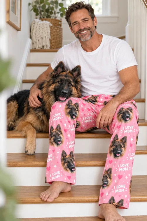 Man sits on the stairs with his German shepherd in pink I LOVE MOM dog face pajama pants