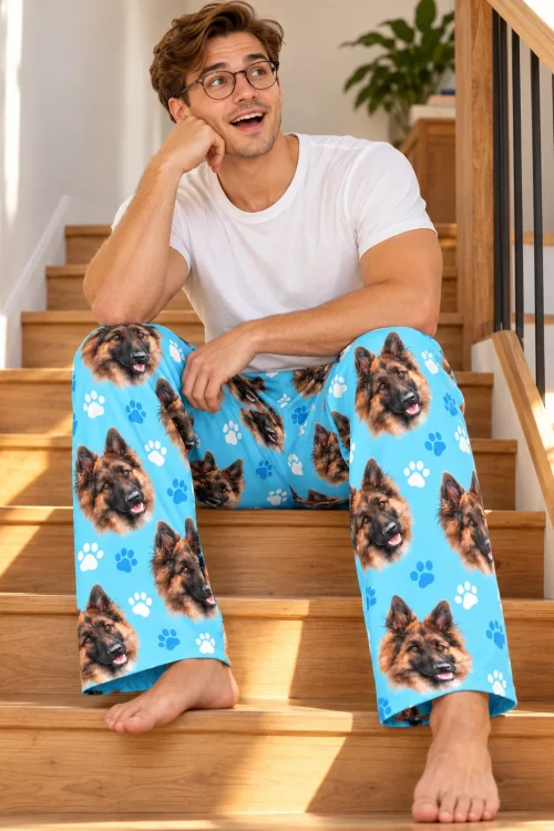 Smiling man sits on wooden stairs in light blue paws pajama pants with German shepherd faces
