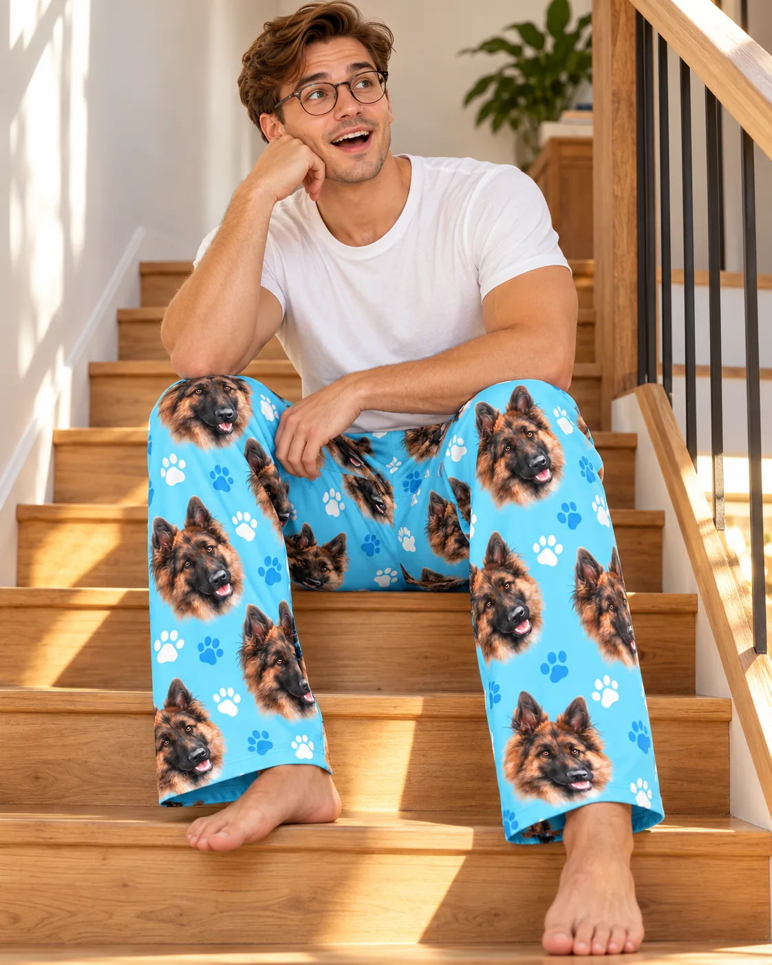 Smiling man sits on wooden stairs in light blue paws pajama pants with German shepherd faces