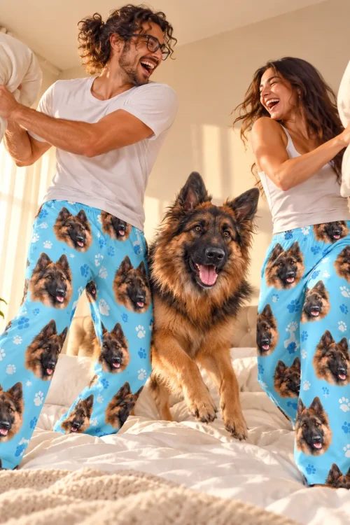 Couple has a pillow fight on the bed with their German shepherd, both in light blue paws pajama pants