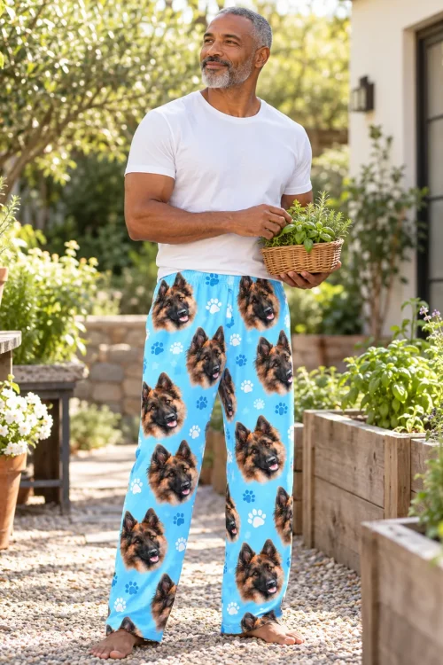 Man holds a basket of herbs in a sunny garden in light blue German shepherd face pajama pants