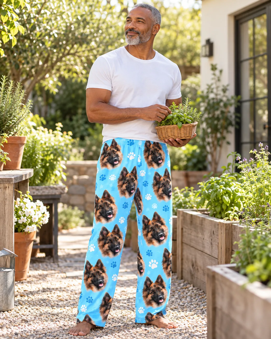 Man holds a basket of herbs in a sunny garden in light blue German shepherd face pajama pants