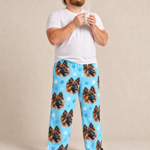 Men's Light Blue Paw Print Pajama Pants with Your Pet's Face