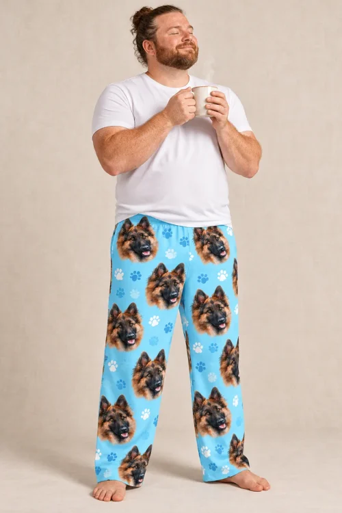 Men's Light Blue Paw Print Pajama Pants with Your Pet's Face