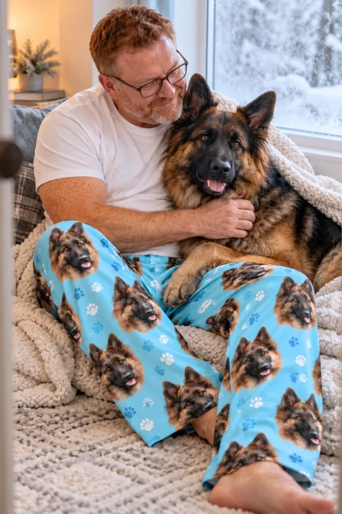 Man hugs his German shepherd by a snowy window in light blue paws dog face pajama pants