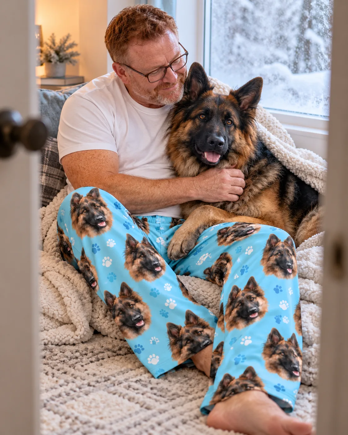 Man hugs his German shepherd by a snowy window in light blue paws dog face pajama pants