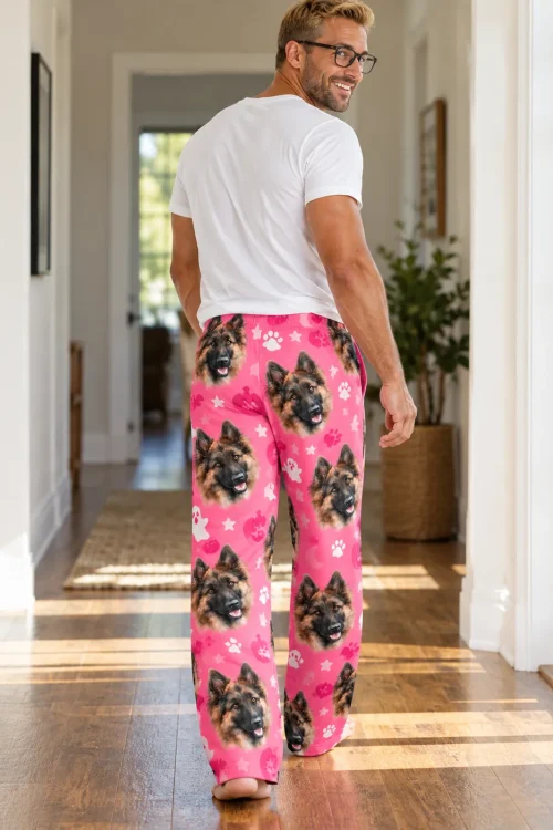 Man in glasses walks down a sunny hallway in pink German shepherd face pajama pants