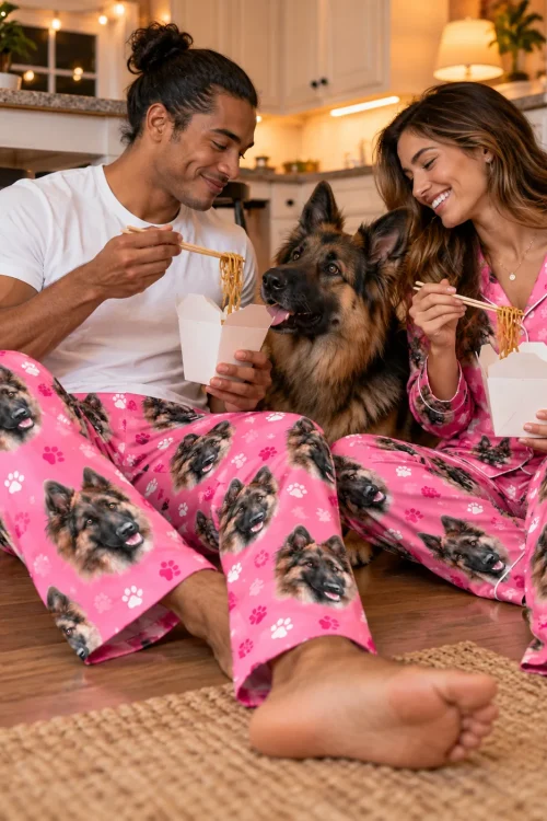 Couple eats noodles on the kitchen floor with their German shepherd, he wears pink paws pajama pants
