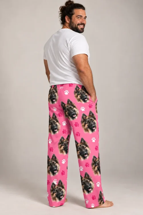 Men's Pink Paw Print Pajama Pants with Your Pet's Face