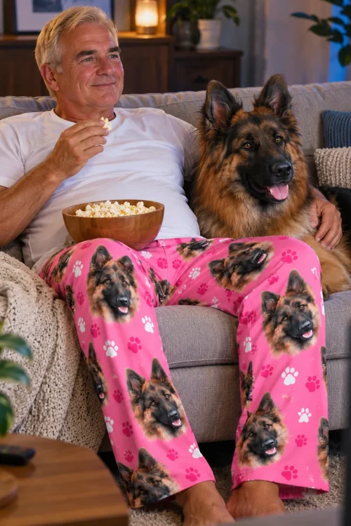Older man eats popcorn on the sofa beside his German shepherd in pink paws dog face pajama pants