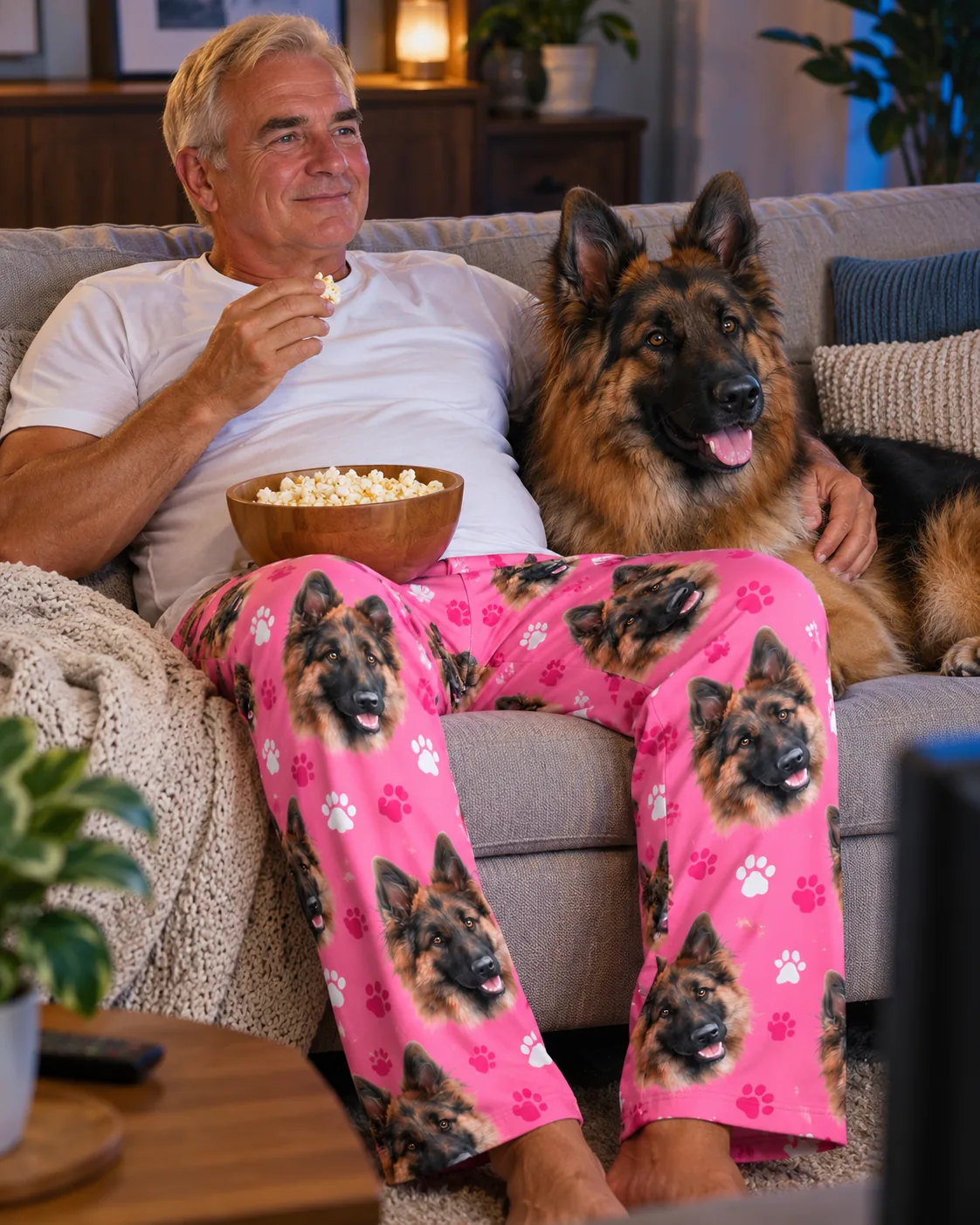 Older man eats popcorn on the sofa beside his German shepherd in pink paws dog face pajama pants