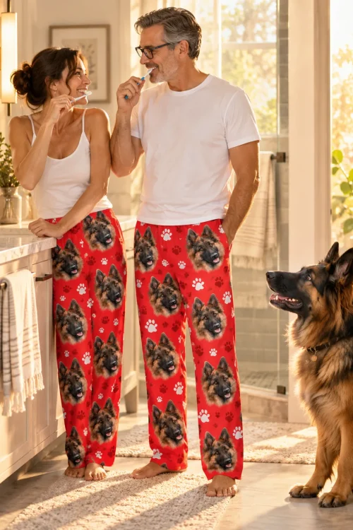Couple brushes teeth in a sunny bathroom in red German shepherd face pajama pants as their dog watches