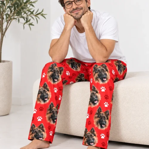 Men's Red Paw Print Pajama Pants with Your Pet's Face