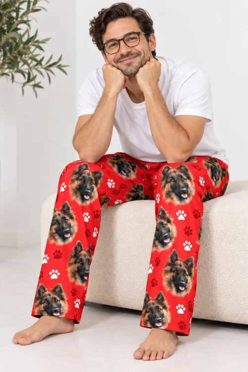 Men's Red Paw Print Pajama Pants with Your Pet's Face