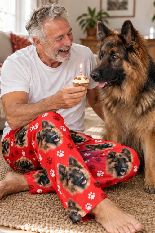 Grey-haired man offers a birthday cupcake to his German shepherd in red paws pajama pants