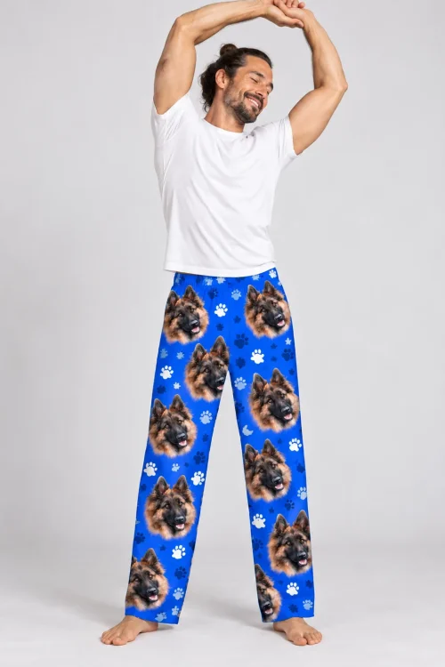 Men's Royal Blue Paw Print Pajama Pants with Your Pet's Face