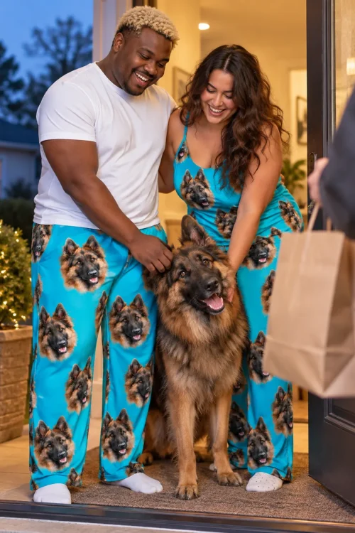 Couple and their German shepherd greet a delivery at the front door in teal dog face pajama pants