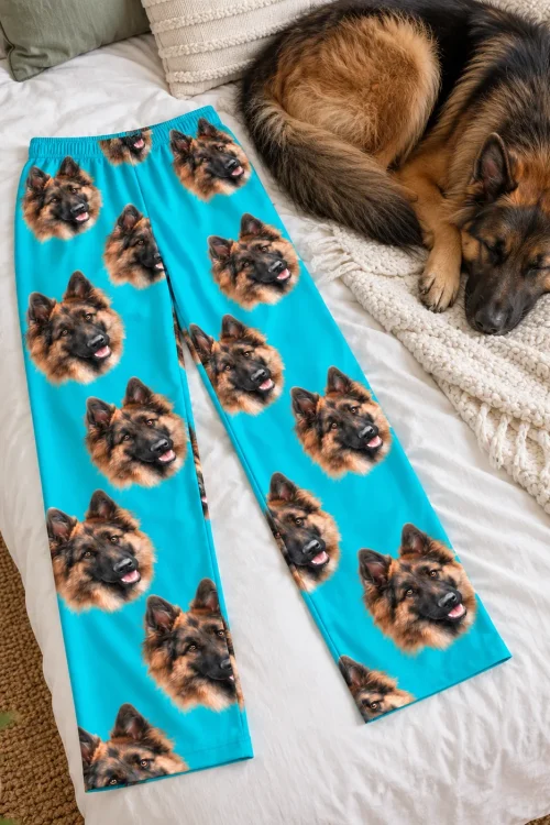 Teal German shepherd face pajama pants laid on a bed next to a sleeping German shepherd