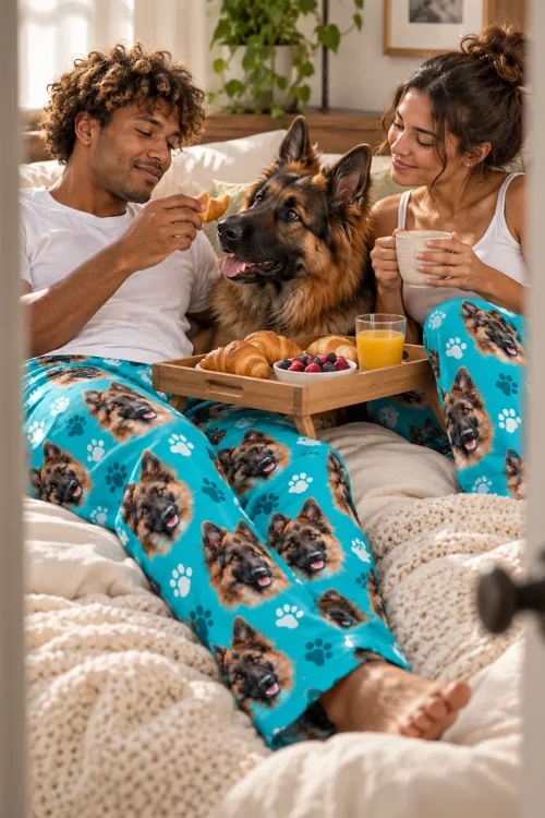 Couple shares breakfast in bed with their German shepherd, both in teal paws pajama pants