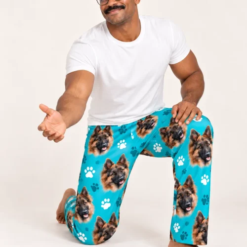 Men's Teal Paw Print Pajama Pants with Your Pet's Face