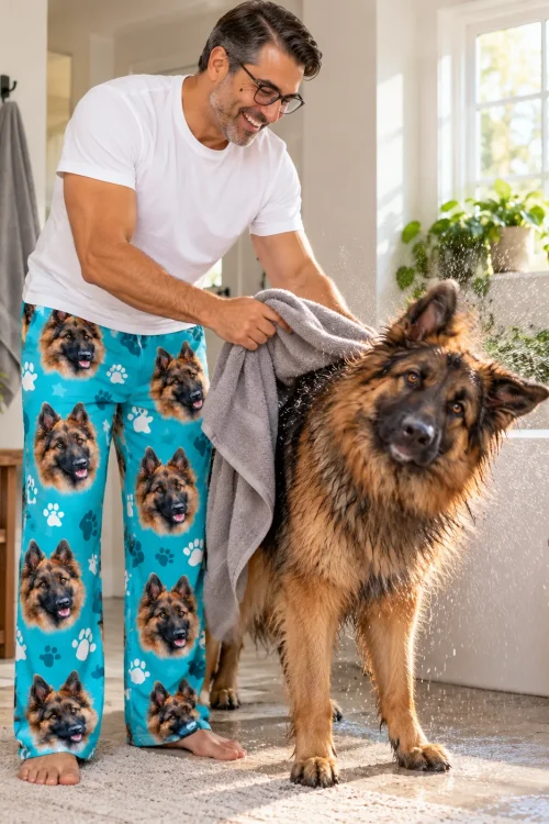 Man towels off his wet German shepherd in the bathroom in teal paws dog face pajama pants