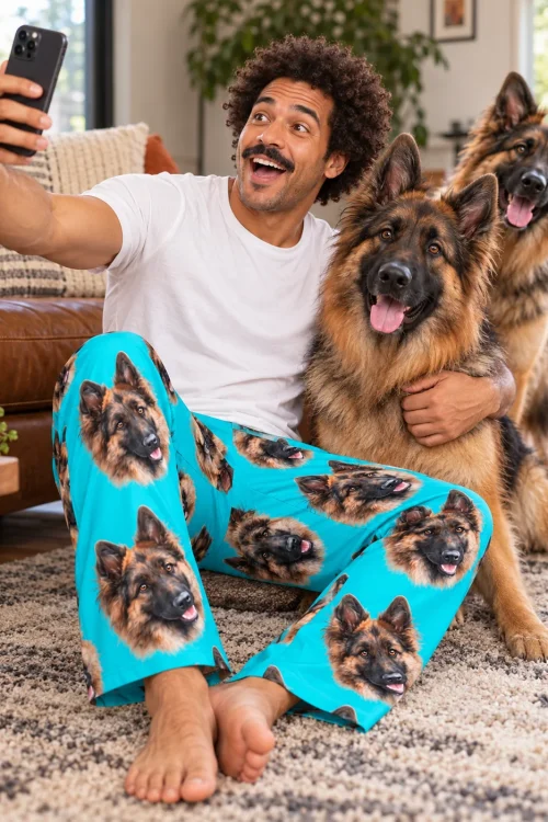 Man takes a selfie with two German shepherds in teal German shepherd face pajama pants