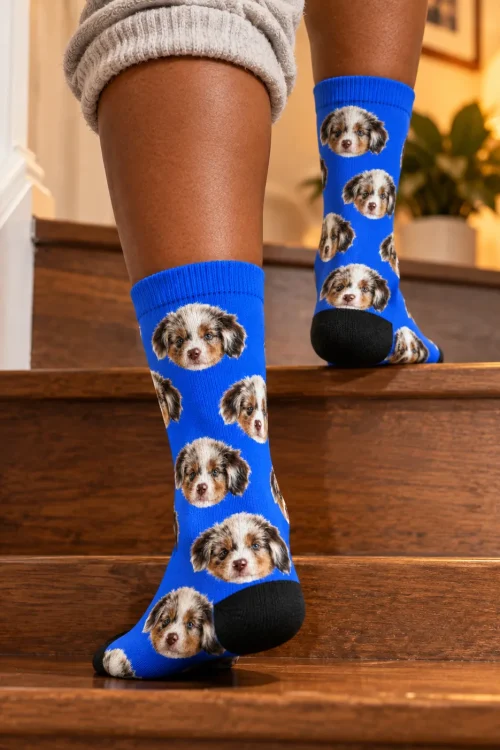 Feet stepping down wooden stairs in royal blue socks printed with puppy faces