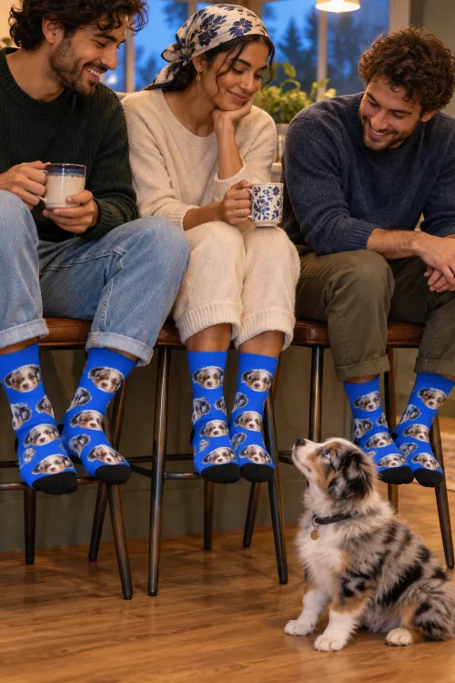 Three friends on bar stools in royal blue face socks while an Aussie puppy looks up