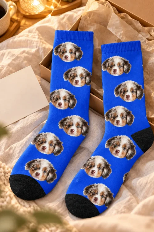 Royal blue personalized socks with puppy faces laid in a gift box with tissue paper