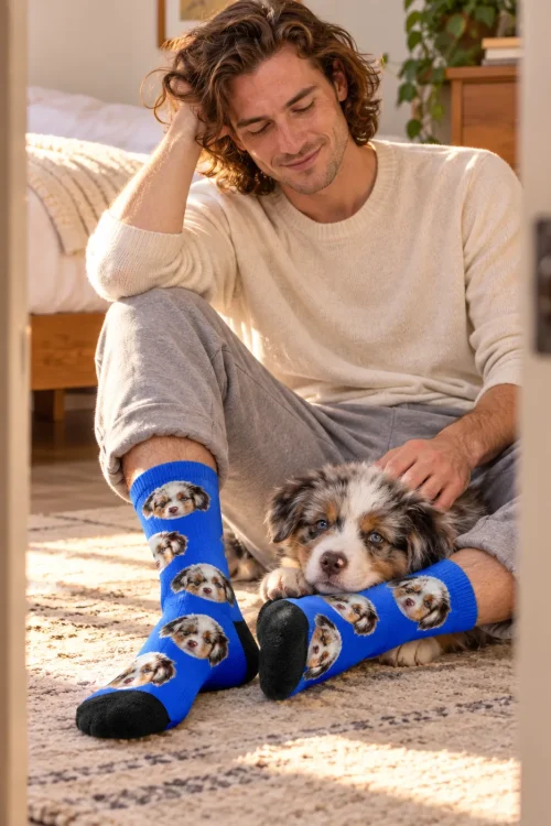 Man sitting in a doorway petting his puppy, wearing royal blue socks with its face