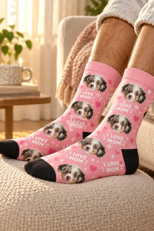 Feet resting on a pouf in pink I Love Mom socks with puppy faces and hearts