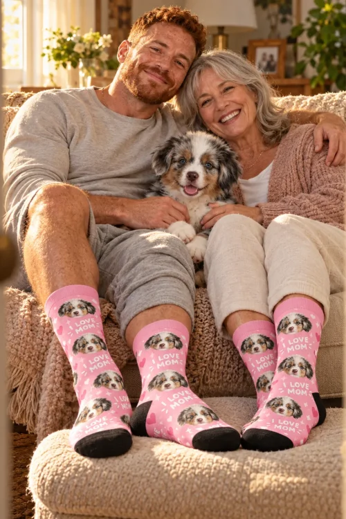 Mother and grown son on a sofa with their puppy, both in I Love Mom face socks