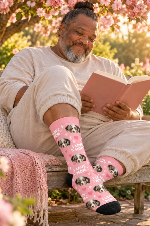 Man reading on a garden bench under blossoms in pink I Love Mom socks