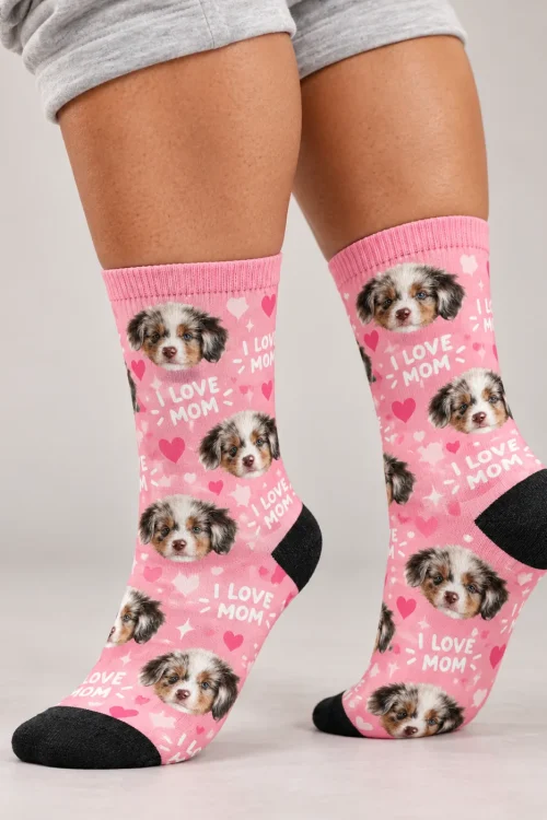 Legs in pink I Love Mom personalized socks for women with Aussie puppy faces