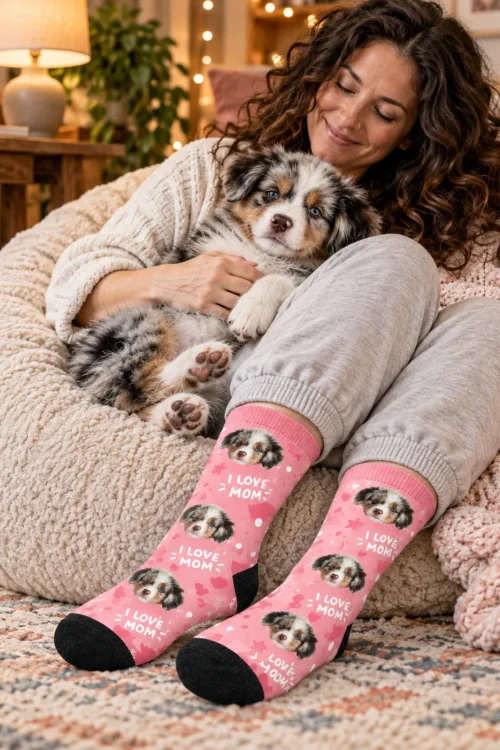 Woman cuddling her Aussie puppy on a beanbag in pink I Love Mom socks with its face
