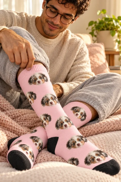 Man in glasses tugging up a blush pink sock with puppy faces on a knit blanket
