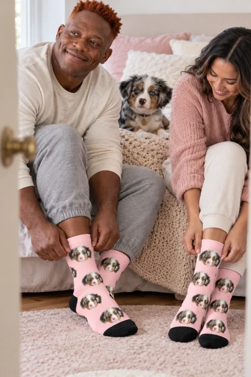 Couple pulling on matching blush pink socks with faces while their puppy watches from the bed