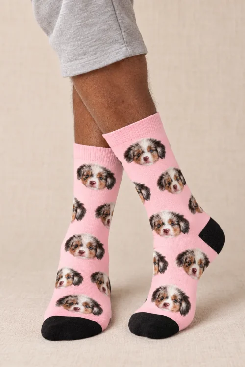 Legs crossed in blush pink socks printed with an Aussie puppy face, studio shot