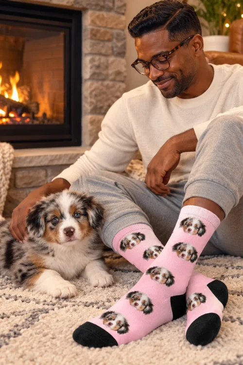Man in glasses by a fireplace in blush pink face socks, his Aussie puppy beside him