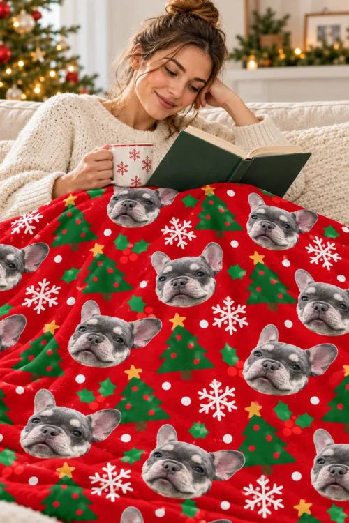 Woman reading under a pet face blanket on the sofa with a mug