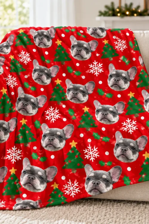 Pet face blanket draped over a sofa, French bulldog faces on a red Christmas print