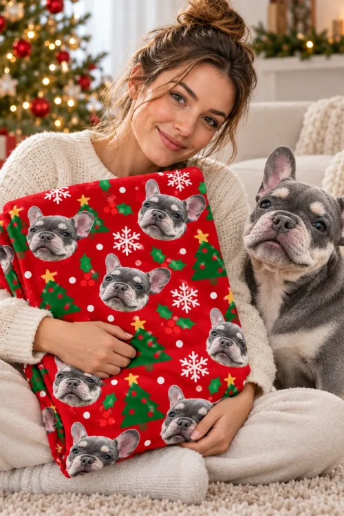 Woman holding a folded pet face blanket next to her French bulldog