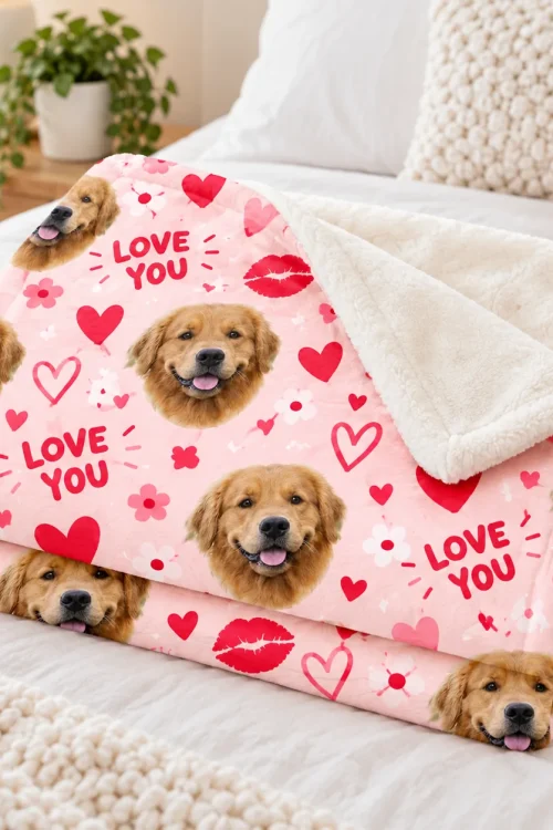 Folded pet face minky blanket on a bed, corner turned to show the soft white back
