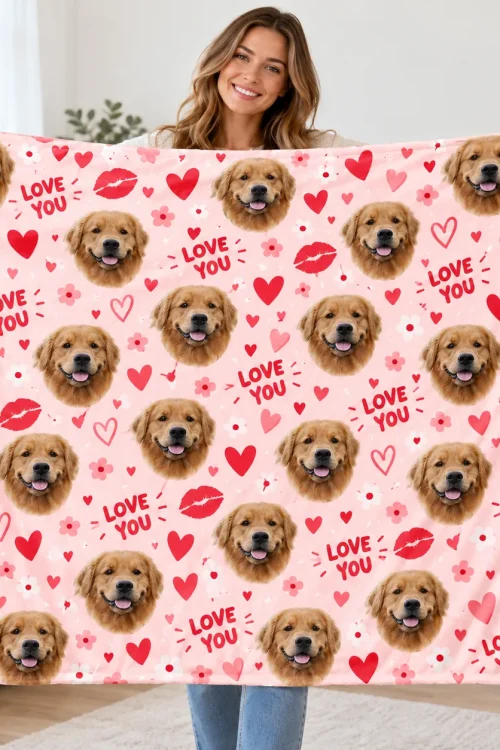 Woman holding up the pet face minky blanket to show its size
