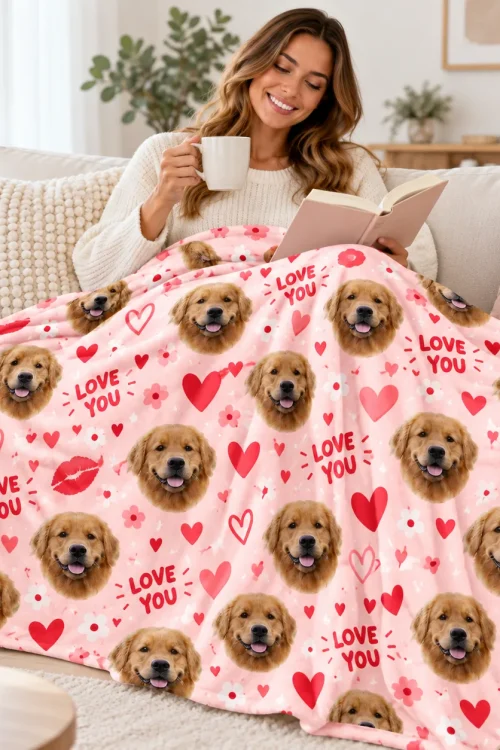 Woman reading under a pet face minky blanket on the sofa with a mug