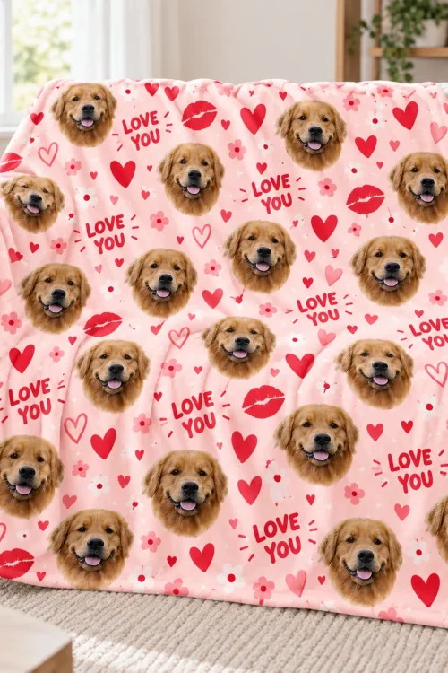 Pet face minky blanket draped over a light sofa, golden retriever Love You print