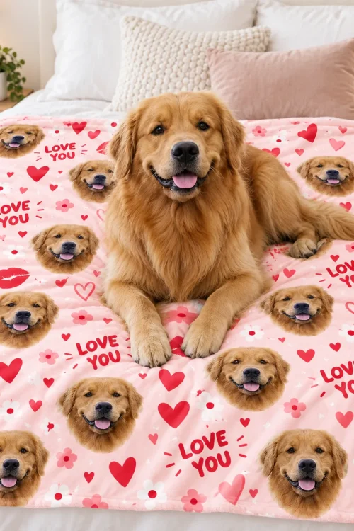 Golden retriever lying on a minky blanket printed with its own face