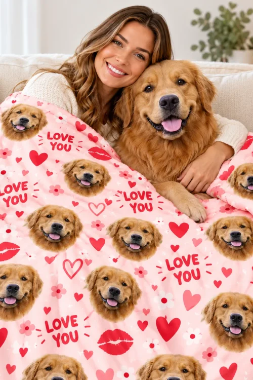 Woman and golden retriever cuddled under a pet face minky blanket